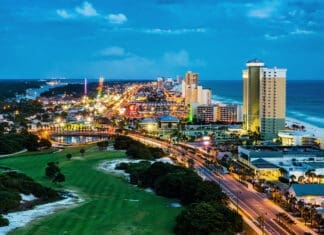 Panama City Beach, Florida, View Of Front Beach Road At Night