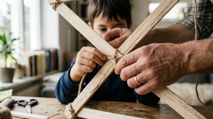Father Helping His Son Tie String Onto Homemade Kite Frame